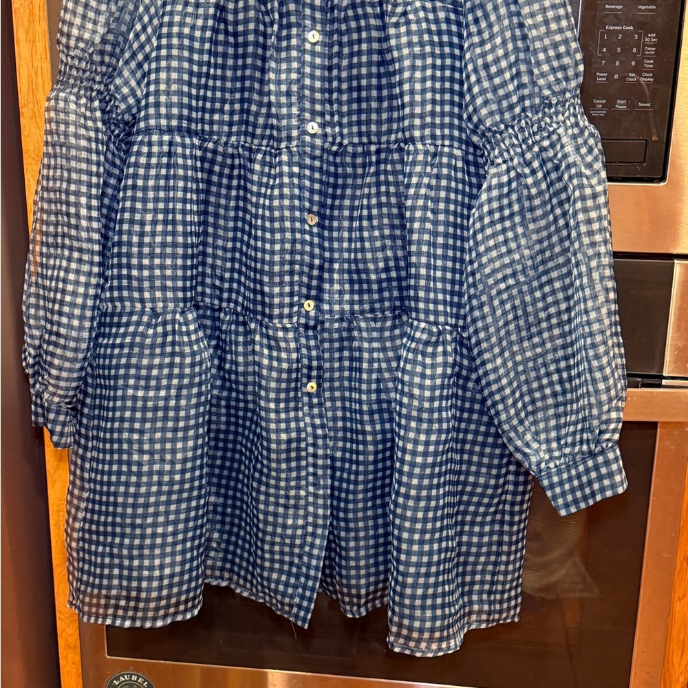 Listicle navy plaid button-down sheer tiered mini dress with puff sleeves.  Sz M - Picture 8 of 15